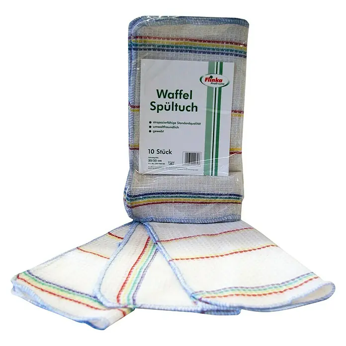 Flinka Profi-Line Waffelspültuch - 10 Stk., 35 x 35 cm, Waschbar bis 60 °C - Ein Paket Flinka Waffel Spültücher, 10 Stück, 35/35 cm. Die Tücher sind weiß mit bunten Streifen und blauer Umrandung.
