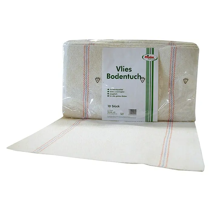 Flinka Profi-Line Vlies-Bodentuch gestreift - 10 Stk., 60 x 50 cm, Waschbar bis 60 °C - Bild einer Packung Flinka Bodentücher, ideal für die Reinigung glatter Böden. Die Packung enthält 10 Tücher in der Größe 50/60 cm.