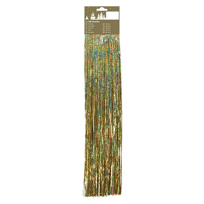 Lametta Holographisch - Gold, Länge: 50 cm - Bild einer Packung mit 300 glitzernden Lametta-Streifen in Gold, perfekt für festliche Dekorationen, die jedem Raum Glanz verleihen.