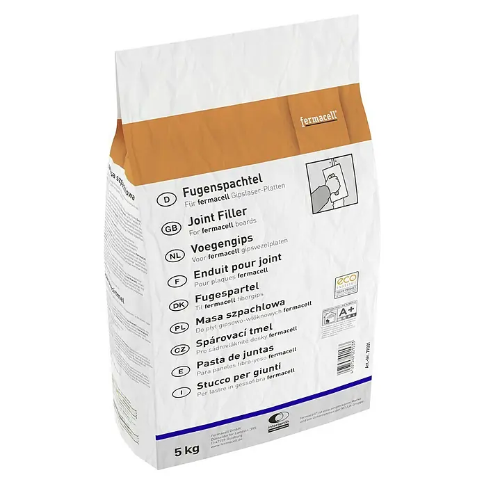 Fermacell Fugenspachtel - 5 kg - Bild einer Packung Fermacell Fugenspachtel, einem hochwertigen Füllstoff für Fermacell Gipsfaserplatten.