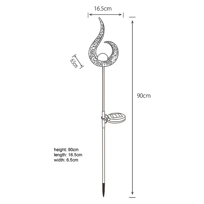 Globo Solar-Dekoleuchte - L x B x H: 16,5 x 6,5 x 90 cm, Schwarz, IP44 - Abbildung einer Solarleuchte mit den Maßen 90 cm Höhe, 16,5 cm Länge und 6,5 cm Breite.