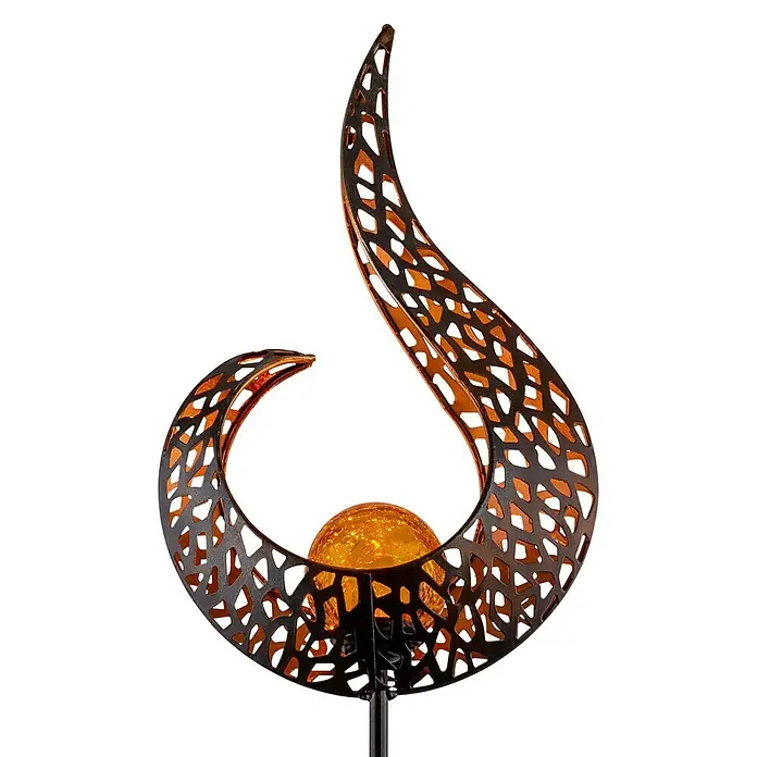 Globo Solar-Dekoleuchte - L x B x H: 16,5 x 6,5 x 90 cm, Schwarz, IP44 - Nahaufnahme einer dekorativen Gartenleuchte mit einem kunstvollen, durchbrochenen Design und einer leuchtenden Kugel in der Mitte.