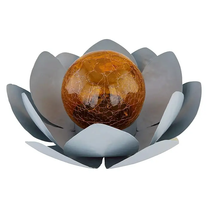 Globo Solar-Dekoleuchte - Grau, Orange, IP44 - Dekorative Lotusblume mit einer bernsteinfarbenen Kugel in der Mitte, die jedem Raum einen Hauch von Eleganz verleiht.