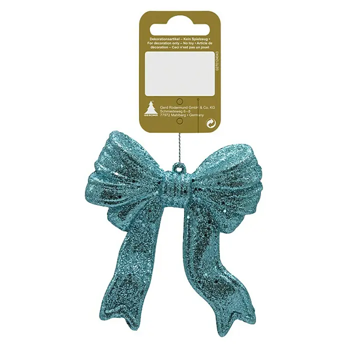 Christbaumschmuck Schleife - Türkis, Kunststoff, Sonstige - Dekorative, glitzernde Schleife in Blau zur festlichen Gestaltung von Weihnachten und anderen Feierlichkeiten.