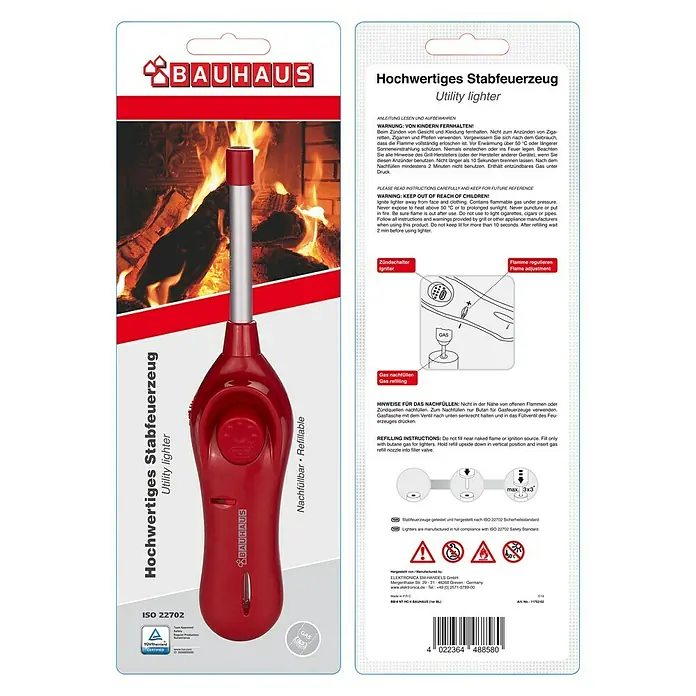 BAUHAUS Gasanzünder BB-8 NT - Wiederbefüllbar - Hochwertiges rotes Stabfeuerzeug von Bauhaus, nachfüllbar, ideal für Kamin oder Grill. Zuverlässig und sicher im Gebrauch.