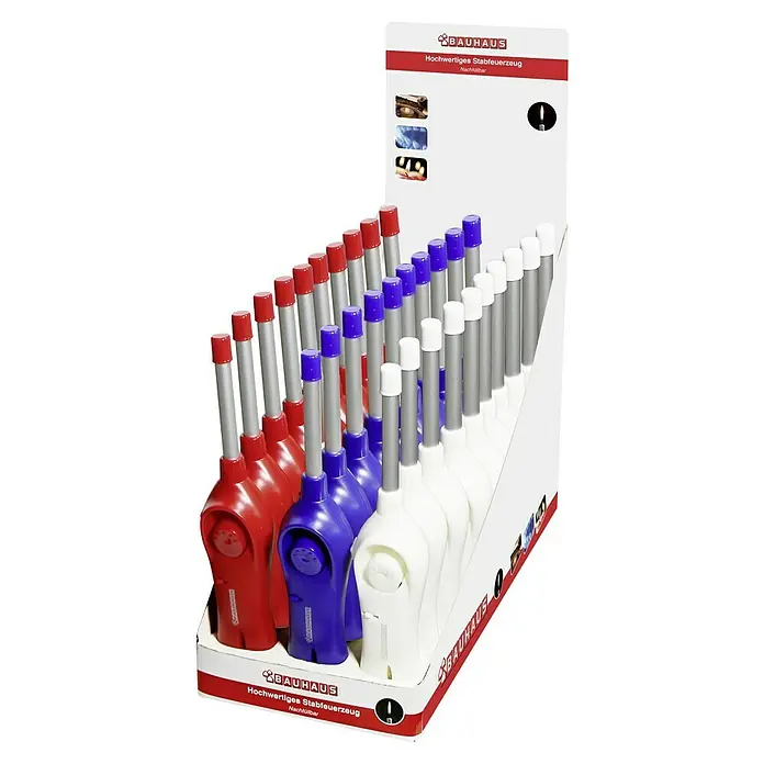 BAUHAUS Gasanzünder BB-8 NT - Wiederbefüllbar - Ein Display mit Bauhaus Stabfeuerzeugen in Rot, Blau und Weiß. Ideal für Küche und Grill, hochwertige Qualität und nachfüllbar.
