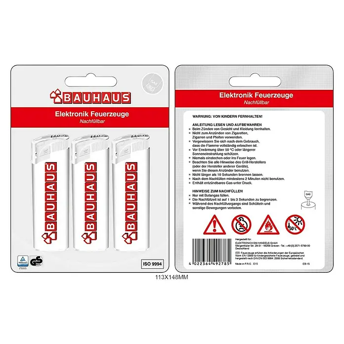 BAUHAUS Feuerzeug EB-15 - 3 Stk. - Elektronische Feuerzeuge Nachfüllpackung von BAUHAUS.