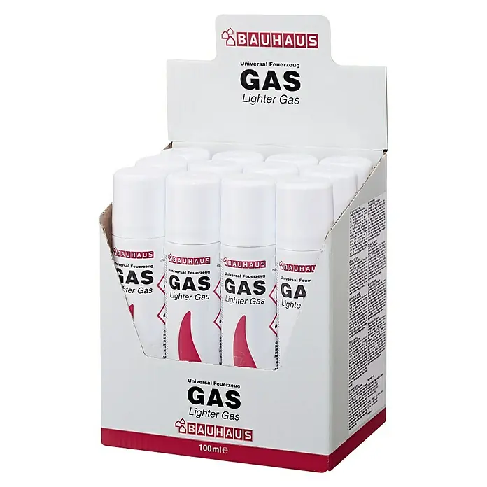 BAUHAUS Gas-Nachfüllkartusche LG-100 - 100 ml - Dose mit Universal-Feuerzeuggas von Bauhaus, ideal zum Nachfüllen von Feuerzeugen. Praktische Größe mit 100 ml Inhalt.