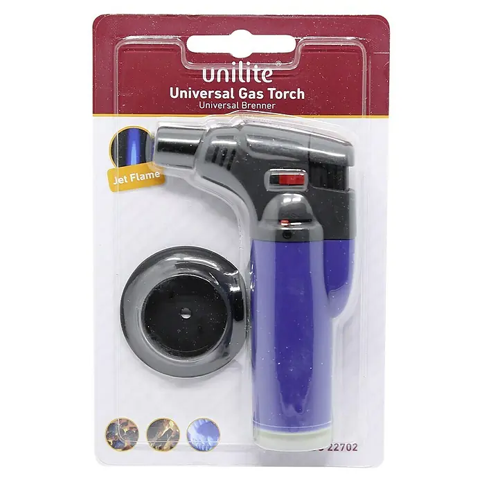 Universalbrenner - 1 Stk. - Unilite Universal Gasbrenner in einer Verpackung. Das Produkt ist blau und schwarz und wird mit einer Düse geliefert.