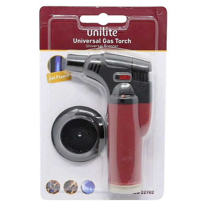 Universalbrenner - 1 Stk. - Ein Unilite Universal Gasbrenner, verpackt in einer durchsichtigen Kunststoffverpackung mit rotem und schwarzem Design.