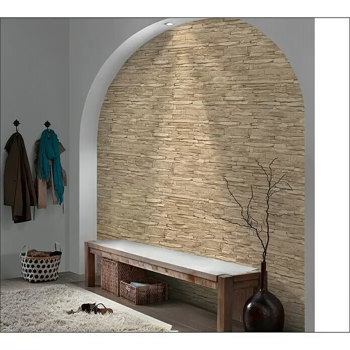 A.S. Création Papel pintado de vellón Ladrillos - Beige, Efecto piedra, 10,05 x 0,53 m - Foto ambiente