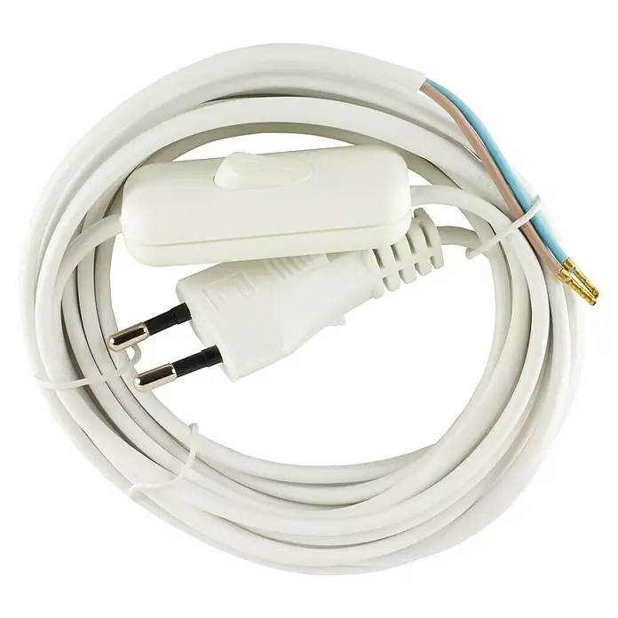 Voltomat Anschlusskabel - 3 m, H03VVH2-F, Aderquerschnitt: 0,75 mm², Weiß - Weiße Lampenleitung mit Schalter und Stecker für den Innenbereich, ideal zum Anschließen von Leuchten.