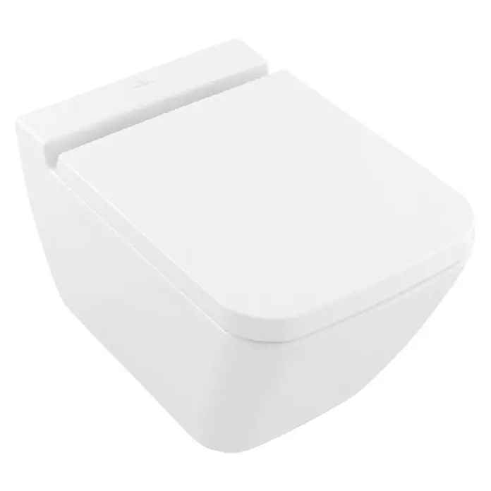 Villeroy & Boch Finion Wand-WC - Mit Spülrand, Mit schmutzabweisender Glasur, Spülform: Tief, WC Abgang: Waagerecht, Weiß - Nahaufnahme einer modernen, weißen wandhängenden Toilette mit einem schlanken, rechteckigen Design.