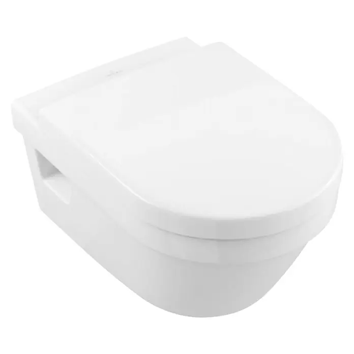 Villeroy & Boch Architectura Wand-WC 2 - Spülrandlos, Mit schmutzabweisender Glasur, Spülform: Tief, WC Abgang: Waagerecht, Weiß - Nahaufnahme einer weißen wandhängenden Toilette. Die Toilette hat ein modernes Design mit klaren Linien und einer glatten Oberfläche.