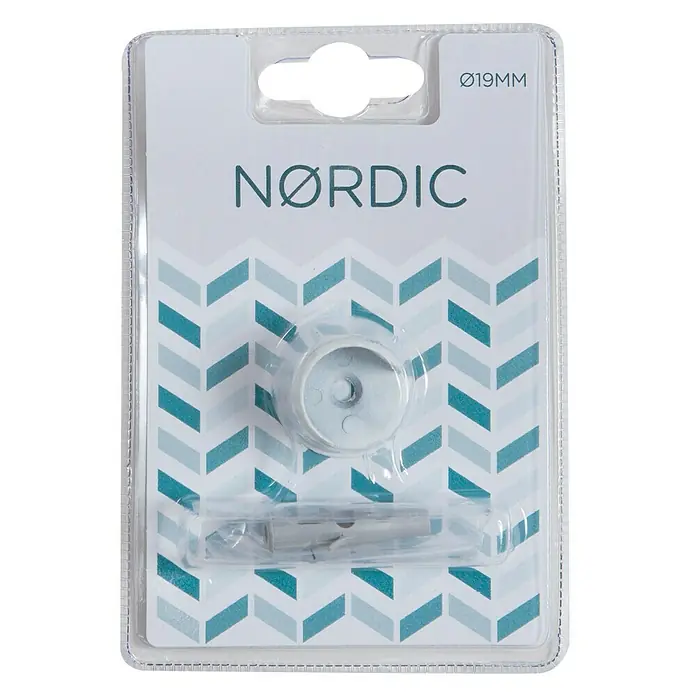 Soporte de pared Nordic - L x An x Al: 2,1 x 2,8 x 2,8 cm, Diámetro: 19 mm, Metal, Blanco - Imagen de un soporte de barra de cortina NØRDIC empaquetado con tornillos. El soporte es adecuado para barras con un diámetro de 19 mm.