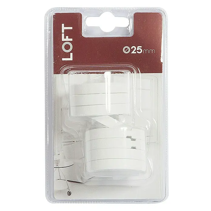 Anilla para cortinas Loft - 8 ud., Blanco, Redonda - Un paquete de dos enrolladores de cable LOFT blancos, cada uno de 25 mm de diámetro, expuestos en un paquete de plástico transparente con fondo marrón.