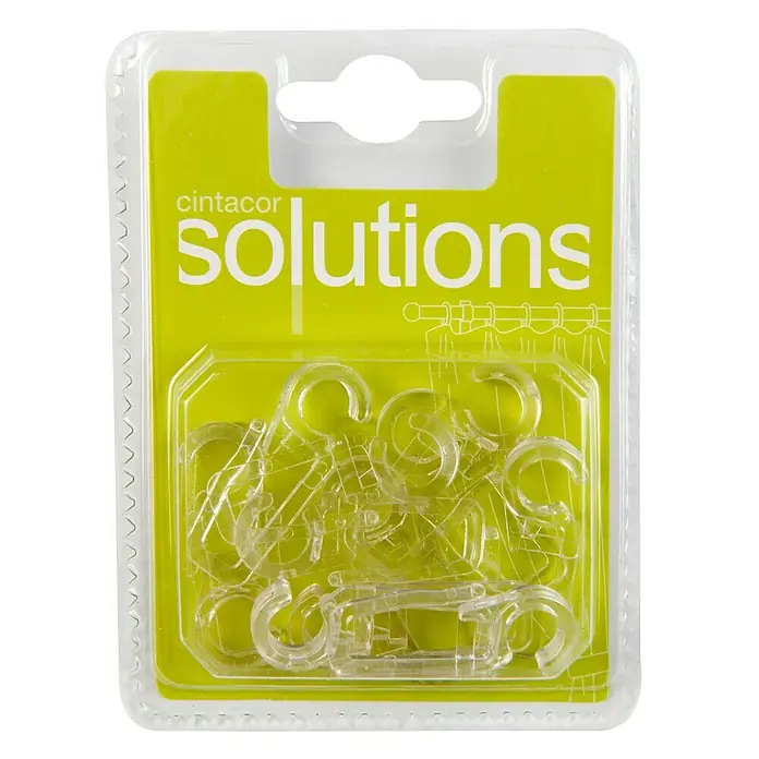 Anilla para cortinas garfio Solutions - 10 ud., Transparente - Un paquete de ganchos de cortina transparentes CINTACOR Solutions en un paquete de plástico transparente con un fondo verde.