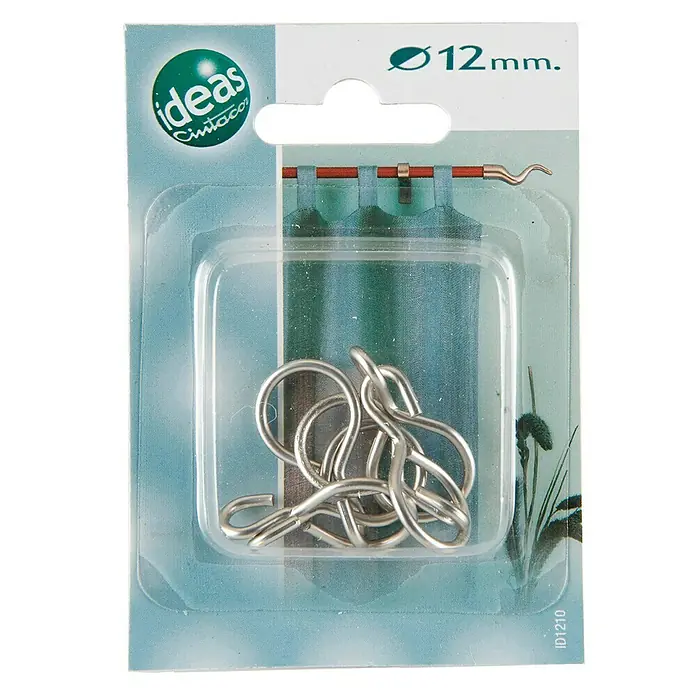 Anilla para cortinas con gancho Ideas 12 - Plateado, 6 ud. - Un paquete de ganchos para cortinas de 12 mm de Ideas Cintacor, perfectos para colgar cortinas. Los ganchos plateados son visibles en un paquete transparente.
