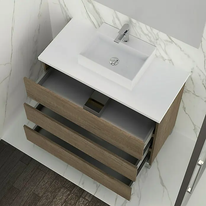 Artysan Mueble bajo de lavabo Colours - An x Pr x Al: 90 x 44,6 x 83 cm, Nebraska - Mueble de baño moderno con cajones abiertos debajo de un lavabo blanco, combinando diseño y funcionalidad.