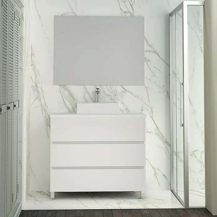Artysan Mueble bajo de lavabo Colours - An x Pr x Al: 90 x 44,6 x 83 cm, Blanco seda - Baño con un gabinete de tocador blanco con cajones, un lavabo y un gran espejo colocado sobre el lavabo.