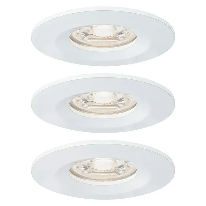 Paulmann LED-Einbauleuchten-Set Nova Mini - 12 W, Weiß, 3 Stk., Warmweiß - Drei LED-Einbaustrahler mit weißem Rahmen auf schwarzem Hintergrund, die eine moderne Beleuchtungslösung präsentieren.