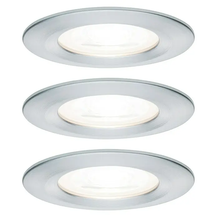 Paulmann LED-Einbauleuchte Nova - 19,5 W, Aluminium, Warmweiß, 3 Stk., Einbautiefe: 75 mm - Drei LED-Einbaustrahler mit silberner Einfassung. Die Strahler sind gleichmäßig im Bild angeordnet und leuchten hell.