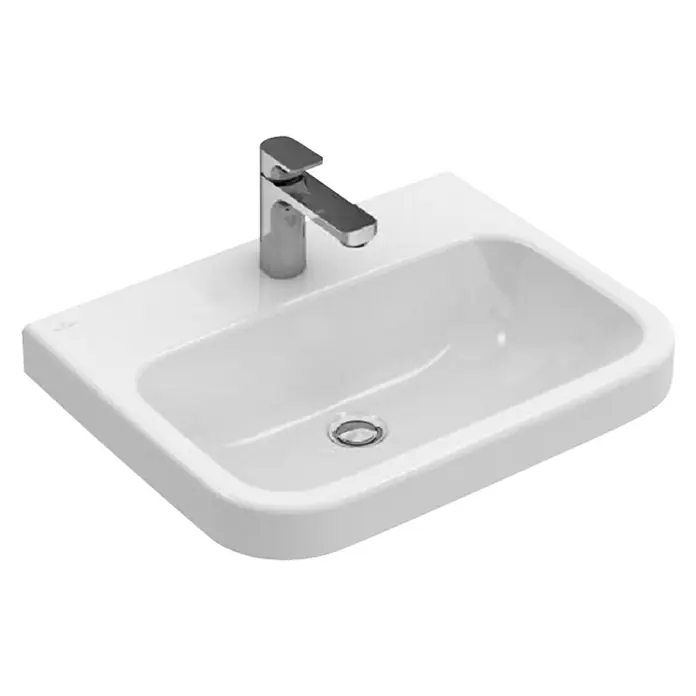 Villeroy & Boch Architectura Waschtisch 1 - 65 x 47 cm, Ohne Spezialglasur, Hahnloch: Mitte, Ohne Überlauf, Weiß - Aufnahme eines modernen, weißen Aufsatzwaschbeckens mit einer Chromarmatur.
