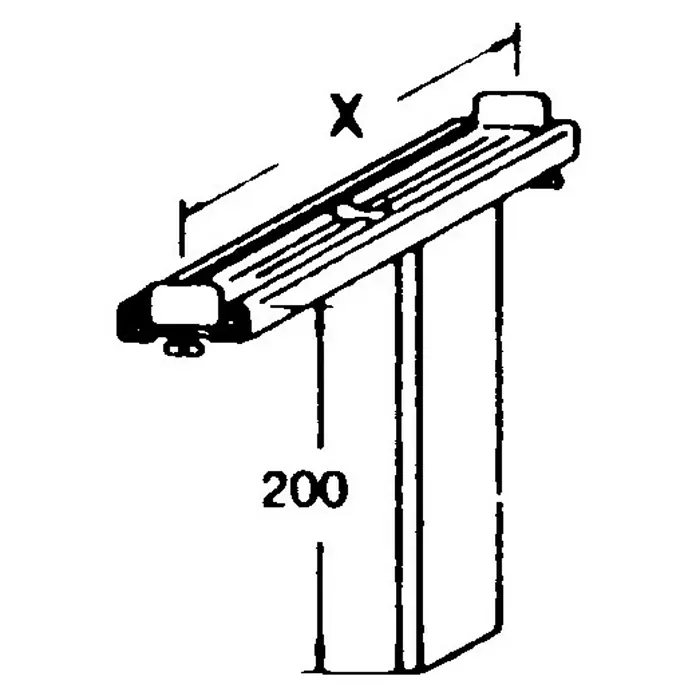 Fensterbankprofil - Stahl, Verstellbar: 15 cm - 20 cm - Darstellung eines linearen Führungssystems mit einer Höhenangabe von 200 Einheiten, wobei die Länge der Führung mit 'X' markiert ist.