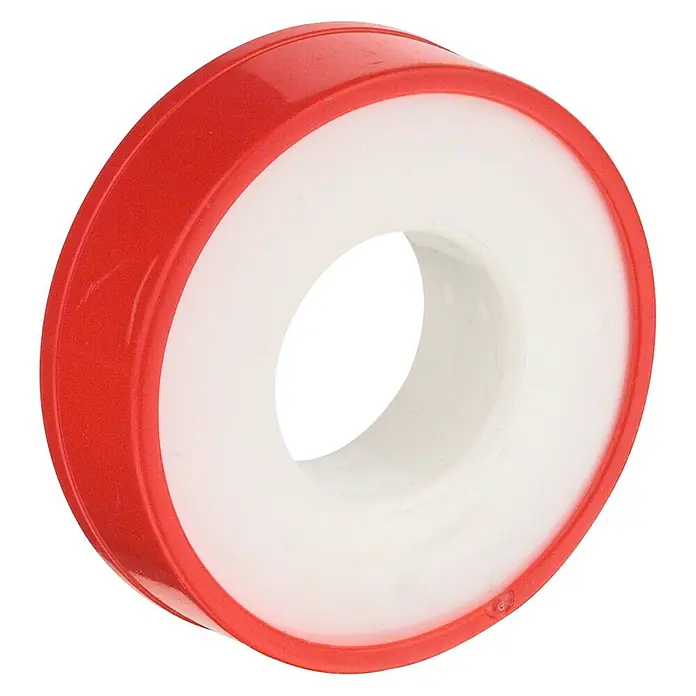 Teflonband - 12 m x 12 mm x 0,08 mm - Ein rotes Teflonband, das zur Abdichtung von Rohrgewinden verwendet wird. Es ist essenziell für Installateure und Heimwerker, um Lecks zu verhindern.