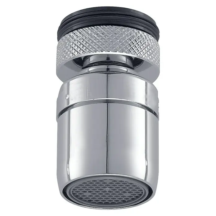 Wassersparstrahlregler - M 22 x 1, Kugelgelenk - Ein chromfarbener Wasserhahnaufsatz, der das Wasser durch eine feinmaschige Düse leitet und Wasser spart.