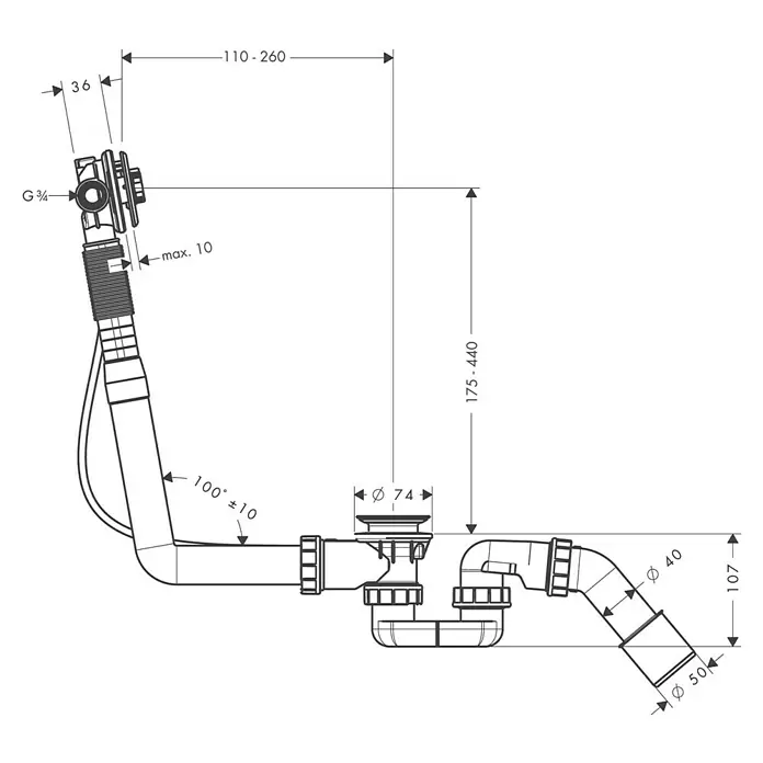 Hansgrohe Ab- & Überlaufgarnitur Exafill S - Kunststoff, 1 ½″, Geeignet für: Handelsübliche Badewannen - Abbildung eines Siphon-Systems mit Maßangaben, das für Waschbecken oder Badewannen geeignet ist.