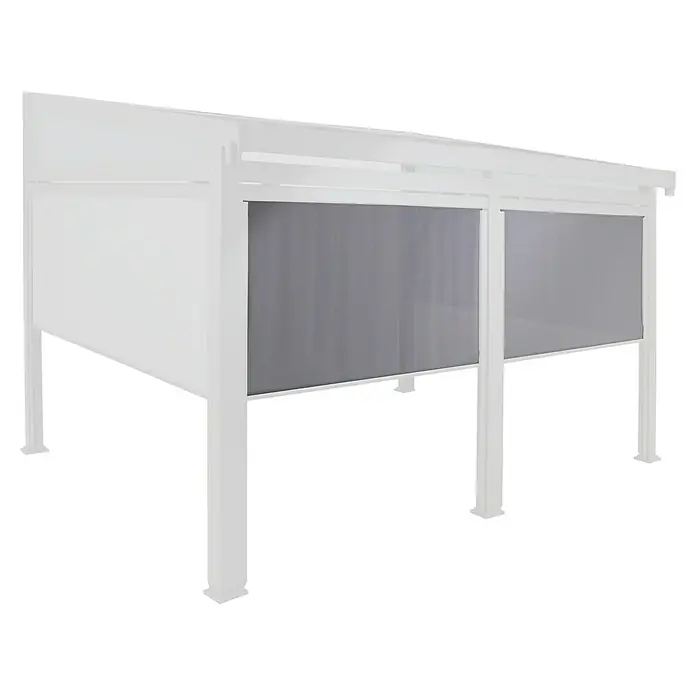 Sunfun Pavillon-Seitenwände Ibiza - Front - 2 Stk. für die komplette Front, Grau - Weißer Pavillon mit zwei grauen Rollos als Sichtschutz. Die Konstruktion wirkt stabil und modern.