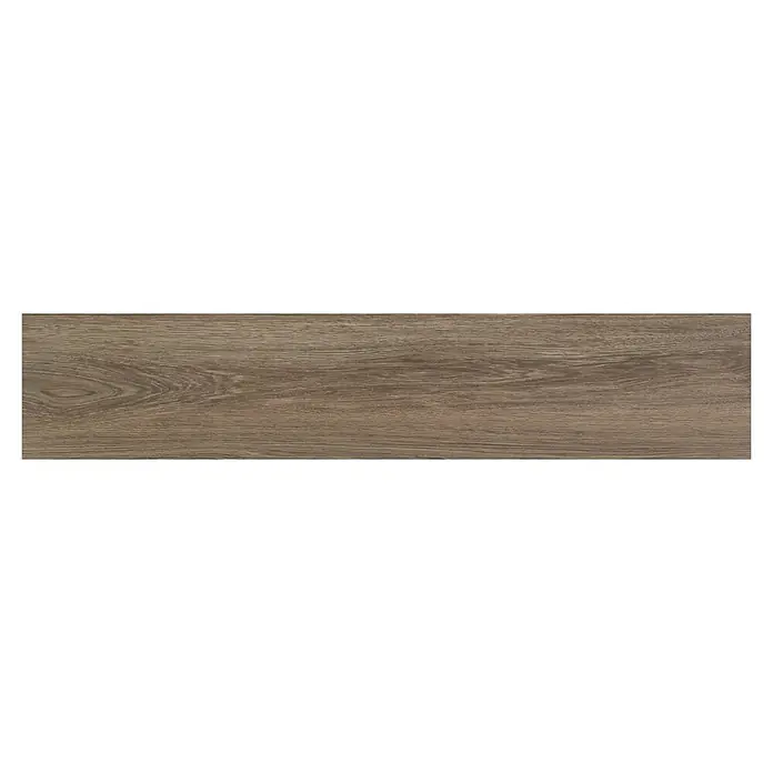 BHS Showroom Pavimento porcelánico Ninsba - 150 x 30 cm, Marrón, Rectificado - Tabla de madera marrón-gris claro con veta natural de la madera.