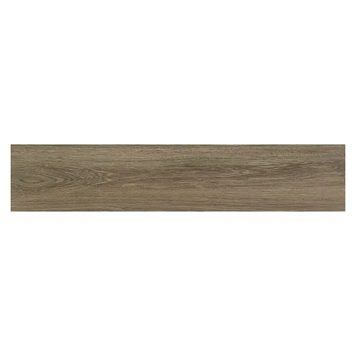 BHS Showroom Pavimento porcelánico Ninsba - 150 x 30 cm, Marrón, Rectificado - Tabla de madera marrón-gris claro con veta natural de la madera.