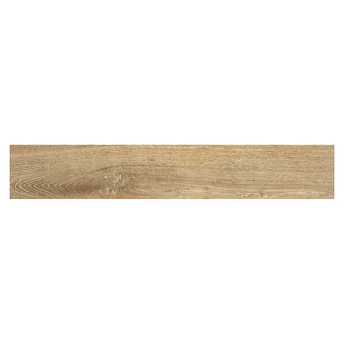 BHS Showroom Pavimento porcelánico Arhus - 90 x 15 cm, Tabaco, Rectificado - Primer plano de una sola baldosa de madera marrón claro con grano distintivo, ideal para diseño de pisos o paredes.