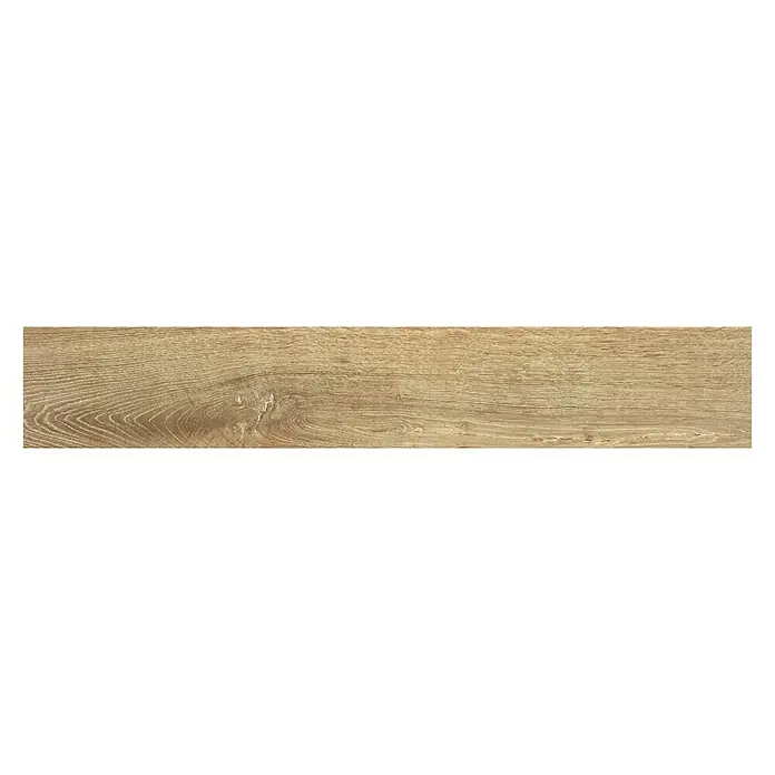 BHS Showroom Pavimento porcelánico Arhus - 90 x 15 cm, Tabaco, Rectificado - Primer plano de una sola baldosa de madera marrón claro con grano distintivo, ideal para diseño de pisos o paredes.