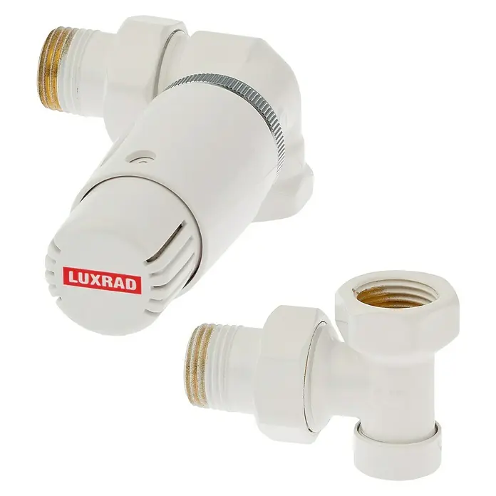 Admiral Thermostatventil-Set - Winkeleck Rechts, Weiß - Nahaufnahme eines Luxrad Thermostatventils, das die Temperatur präzise regelt und Komfort bietet.