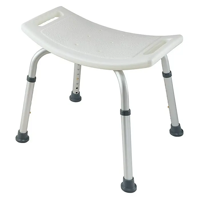 careosan Badhocker - Höhenverstellung: 37,5 cm - 55 cm, Belastbarkeit: 110 kg, Weiß - Hier ist ein Duschhocker mit verstellbaren Aluminiumbeinen und einer weißen, geformten Sitzfläche mit Griffen.