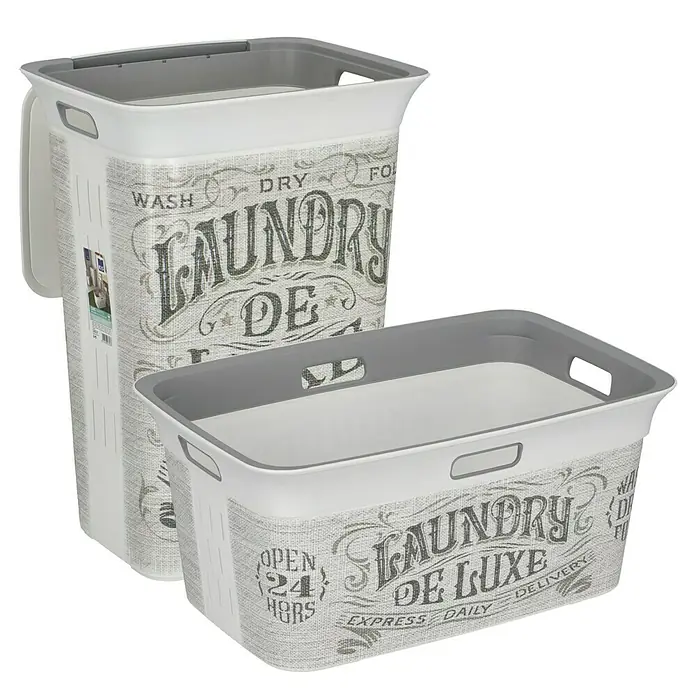 KIS Chic Wäschesammler Laundry Bag - 35 x 44 x 61 cm, Grau - Zwei Wäschekörbe mit Aufschrift "Laundry De Luxe", einer hoch, einer niedrig.