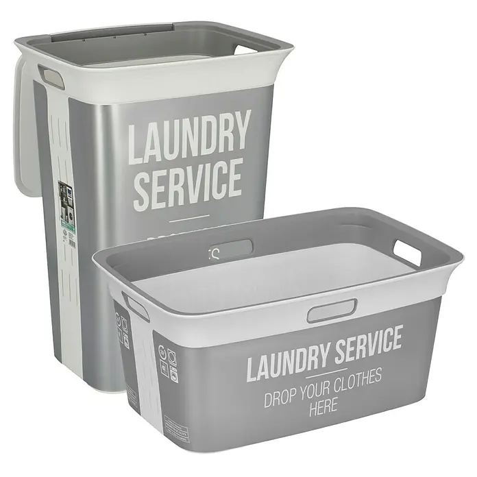 KIS Chic Wäschebox - L x B x H: 44 x 35 x 61 cm, Grau/Weiß - Eine graue und weiße Wäschetruhe und ein Korb mit der Aufschrift "Wäscheservice" für eine einfache und organisierte Wäsche.