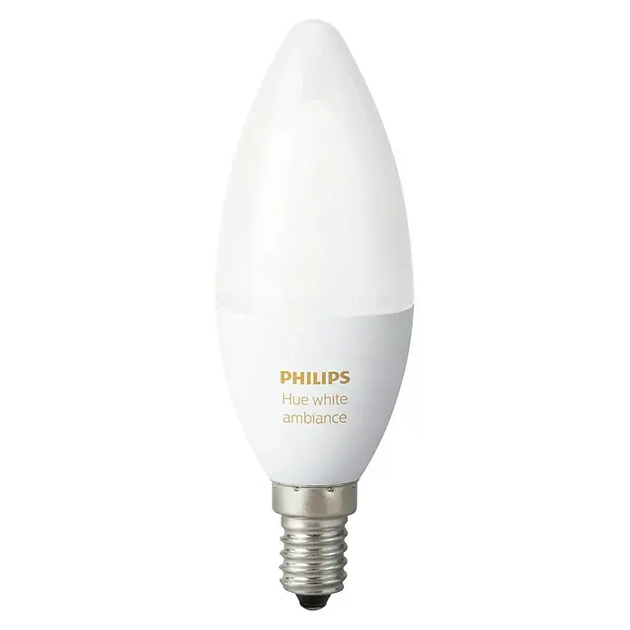 Philips Hue Smart-LED-Lampe White Ambiance - E14, Dimmbar, Warmweiß, 470 lm, 5,2 W - Nahaufnahme einer weißen Philips Hue White Ambiance E14 Kerzenlampe, die intelligentes, stimmungsvolles Licht für Ihr Zuhause bietet.