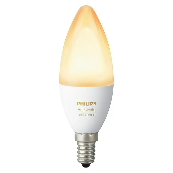 Philips Hue Smart-LED-Lampe White Ambiance - E14, Dimmbar, Warmweiß, 470 lm, 5,2 W - Philips Hue White Ambiance Kerzenlampe, die warmes Licht und intelligente Steuerung für eine stimmungsvolle Beleuchtung bietet.