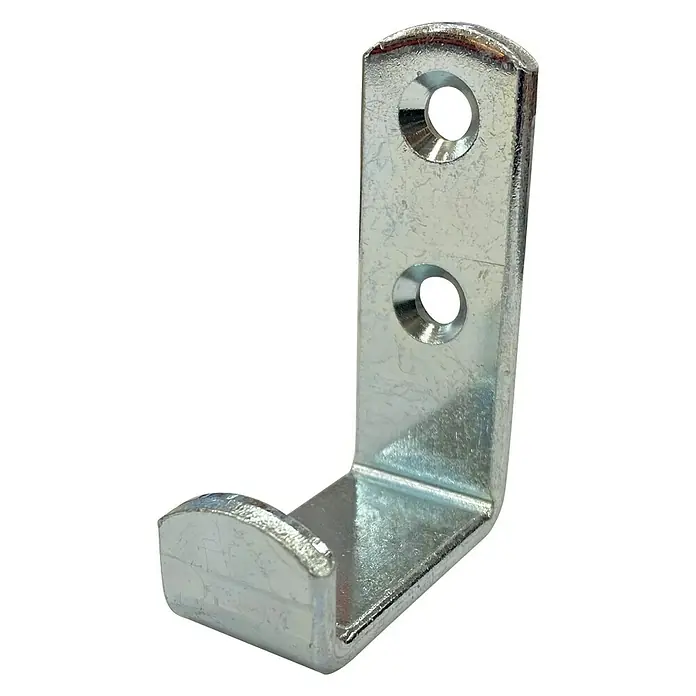 Stabilit Gancho para pared - L x An x Al: 50 x 36 x 15 mm - Un gancho de pared de metal plateado con dos orificios de montaje y una forma de gancho redondeada para colgar artículos de forma segura.