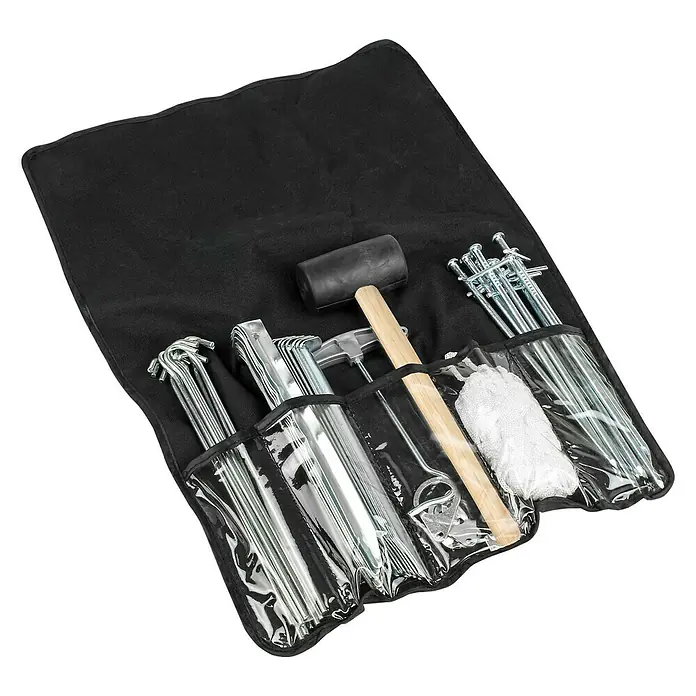 Calima Zelt-Zubehör - 48 -tlg. - Ein Set Campingzubehör, inklusive Heringe, Hammer und Werkzeuge, übersichtlich in einer schwarzen Tasche verstaut. Ideal für Outdoor-Abenteuer.
