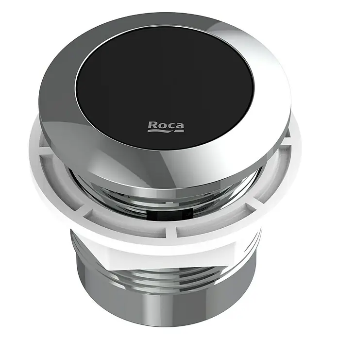 Roca Mecanismo de cisterna de WC electrónico Touchless - Sensor integrado - Primer plano de un producto Roca, posiblemente un botón de descarga o accesorio sanitario similar, en plata y negro.