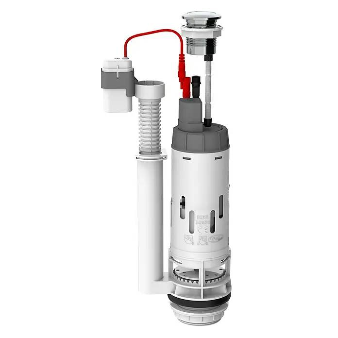 Roca Mecanismo de cisterna de WC electrónico Touchless - Sensor integrado - Primer plano de una cisterna de inodoro con un cable rojo conectado a un botón gris.