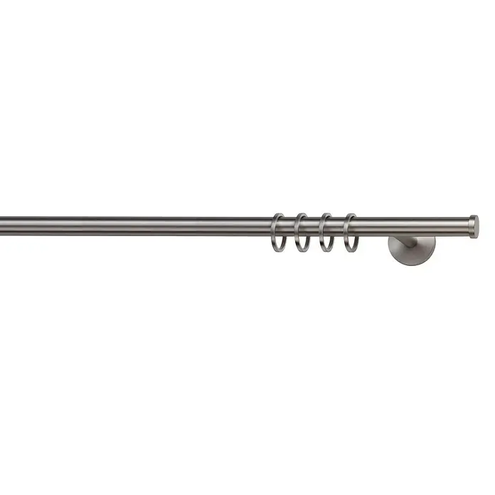 Expo Ambiente Halbprofil - Edelstahloptik, Anzahl Läufe: 1 Stk., Länge: 120 cm - Nahaufnahme einer Gardinenstange aus Metall mit Ringen und Halterung, ideal für Fensterdekorationen und Vorhangaufhängung.