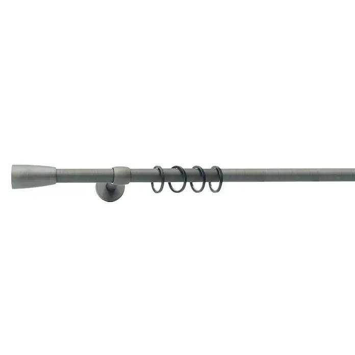 Expo Ambiente Gardinenstange - Eisenoptik-brush, Länge: 160 cm, Durchmesser: 20 mm - Eine Gardinenstange aus Metall mit vier Ringen und einer Endkappe, geeignet für leichte bis mittelschwere Vorhänge.