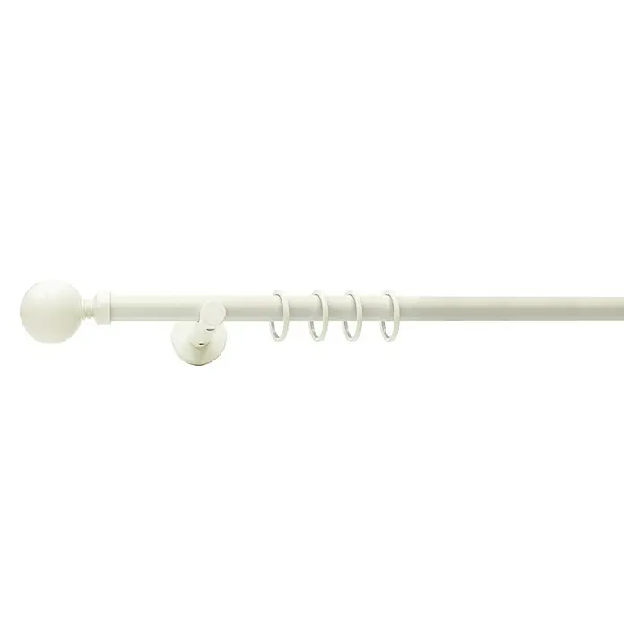 Expo Ambiente Gardinenstange - Elfenbein, Länge: 160 cm, Durchmesser: 20 mm - Eine weiße Gardinenstange mit Endstück und Ringen, bereit zur Montage von Vorhängen. Stilvolles Design für Ihr Zuhause.