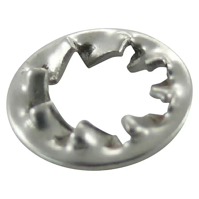 Marinetech Unterlegscheibe - Innendurchmesser: 5,1 mm, Edelstahl, DIN 6798, Form J - Nahaufnahme einer Zahnscheibe aus Metall mit gezacktem Innenrand.